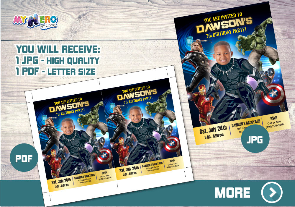 Black Panther photo Invitation, Black Panther Avengers Birthday Invite with photo. 170