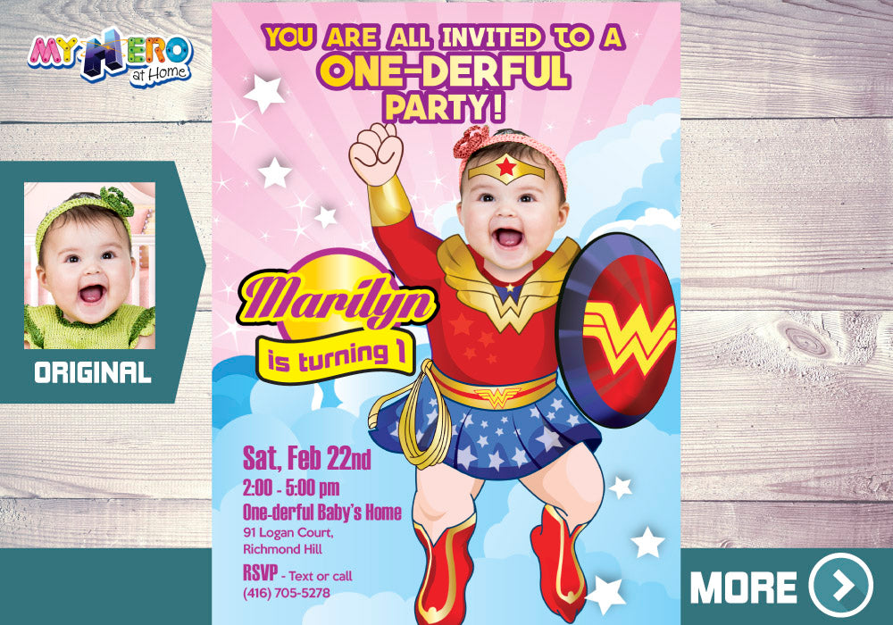 Wonder Baby 1st Birthday Invitation with your little girl as Baby Wonder girl, One-derful Birthday. 171
