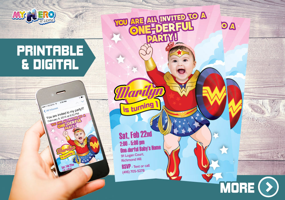 Wonder Baby 1st Birthday Invitation with your little girl as Baby Wonder girl, One-derful Birthday. 171
