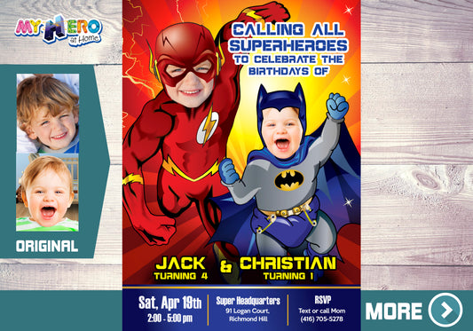 Flash and Batman Siblings Birthday invitation with photos, Batman and Flash party template. 176