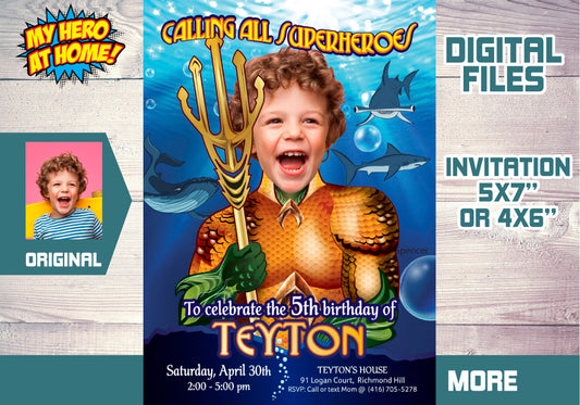 Aquaman photo Invitation, Aquaman Party, Aquaman Digital, Aquaman theme Party, Aquaman Birthday. 188