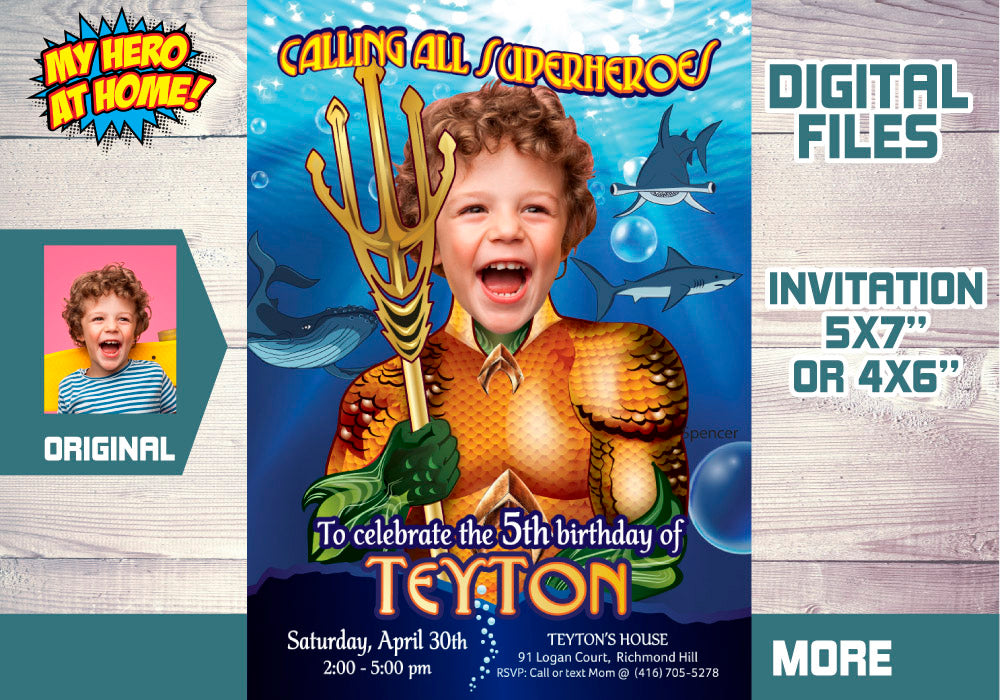 Aquaman photo Invitation, Aquaman Party, Aquaman Digital, Aquaman theme Party, Aquaman Birthday. 188