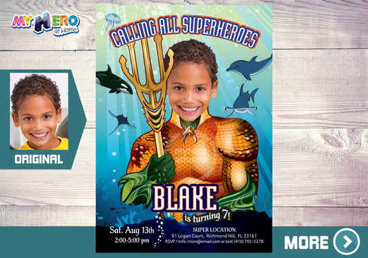 Custom Aquaman Invitation, Aquaman theme Party, King of the Seven Seas party, Aquaman Birthday, 189