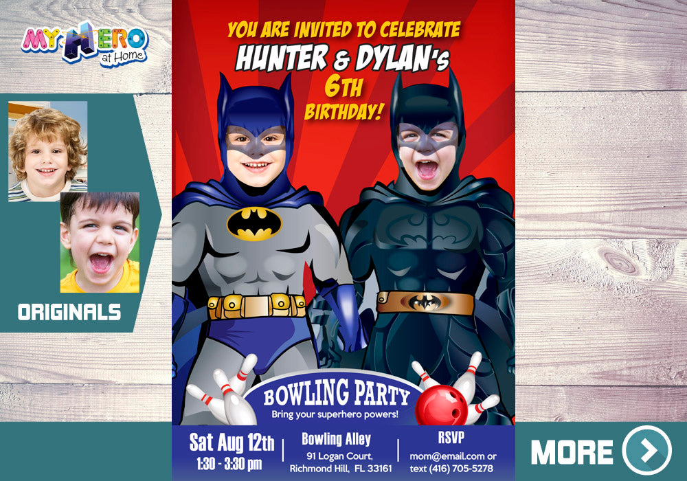 Joint Batman Bowling Party Invitation, Batman Bowling Party, Batman Siblings invite. 199