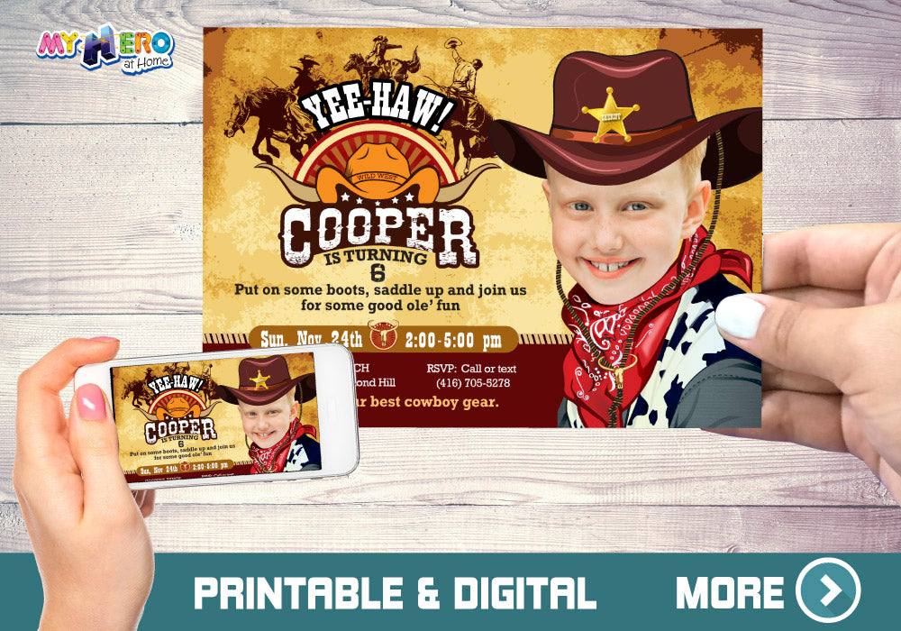Cowboy Photo Invitation, Cowboy Party, Rodeo Party, Western Sheriff Birthday, Cowboy Digital Invitation. 203