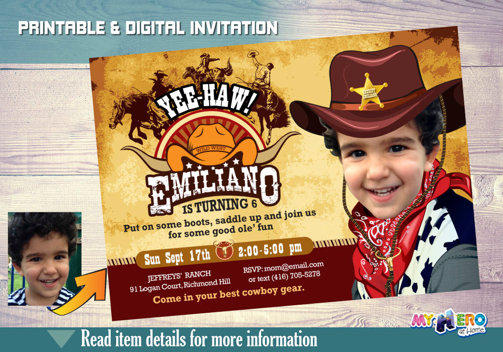 Cowboy Photo Invitation, Cowboy Party, Rodeo Party, Western Sheriff Birthday, Cowboy Digital Invitation. 203