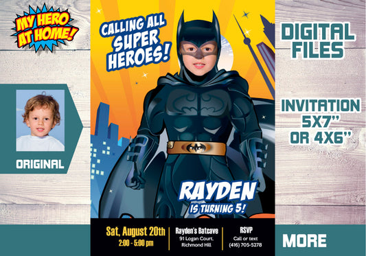 Batman birthday Photo Invitation, Batman party template with photo. 215