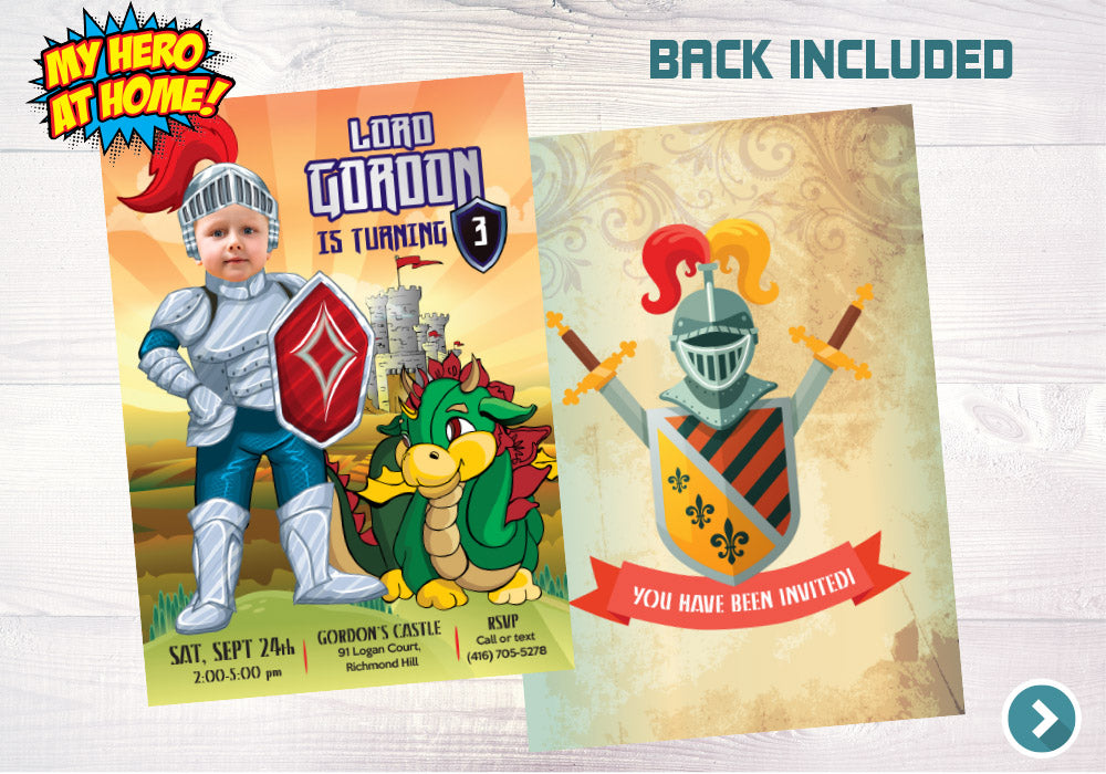 Baby Knight 1st birthday Invitation, Baby Dragon Medieval 1st party invite with photo. 217