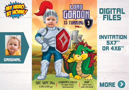 Baby Knight 1st birthday Invitation, Baby Dragon Medieval 1st party invite with photo. 217
