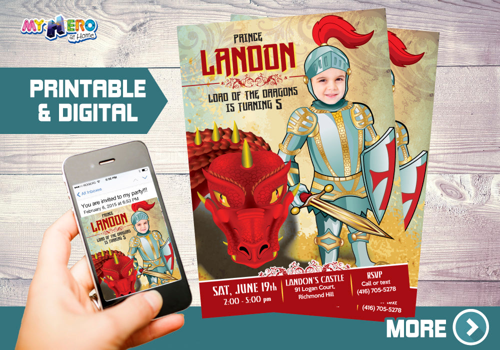 Personalized Dragons Birthday template, Medieval Knight party digital invite. 218