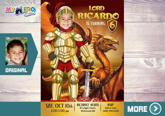 Medieval Knight template, DragonsBirthday photo Invitation, Knight evite with photo. 219