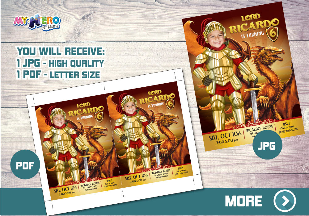 Medieval Knight template, DragonsBirthday photo Invitation, Knight evite with photo. 219