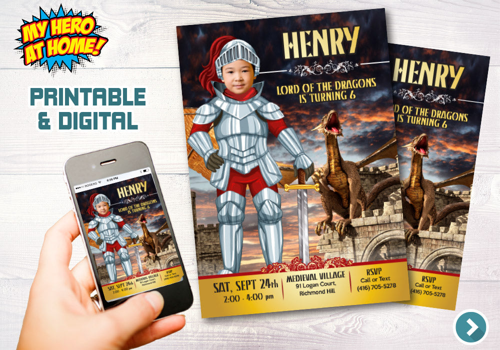 Medieval little armor knight and dragons birthday invitation with your kid as the Knight. 220