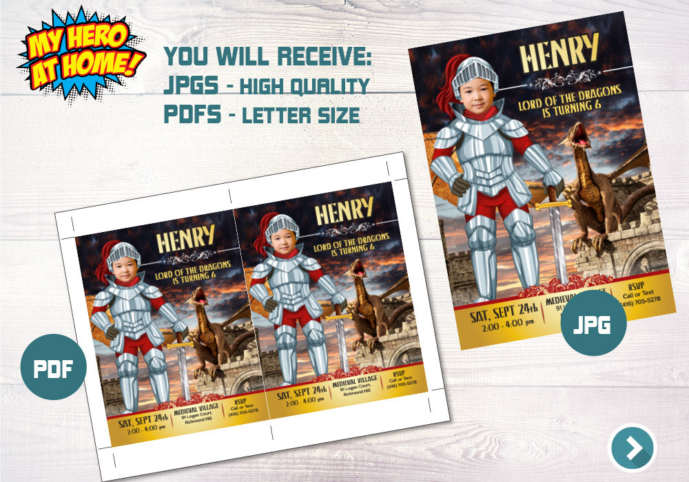 Medieval little armor knight and dragons birthday invitation with your kid as the Knight. 220