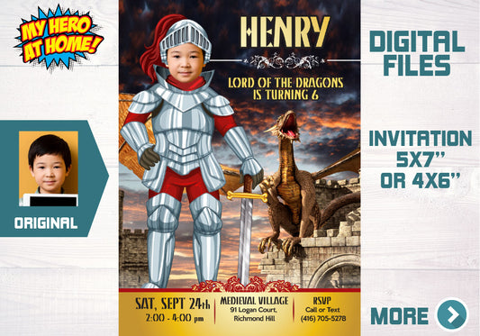 Medieval little armor knight and dragons birthday invitation with your kid as the Knight. 220