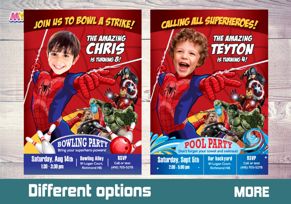 Spider-Man Superheroes Birthday Invitation with child as Spiderman. 103IN2