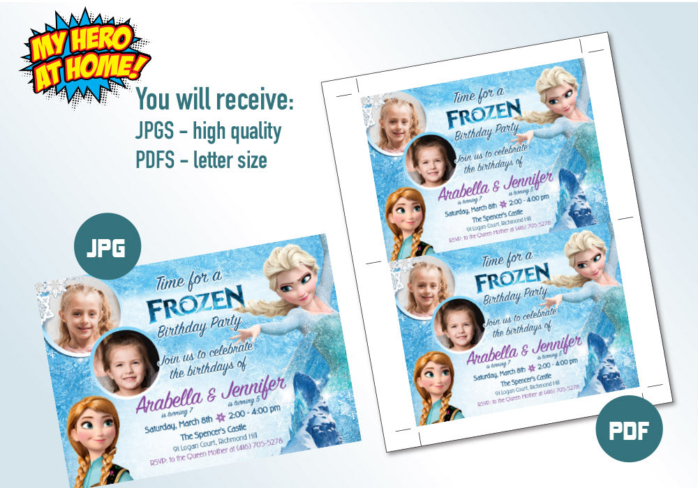 Elsa and Anna photos invitation. Joint Frozen Invitation. Siblings Frozen Invitation. Frozen Sisters Photos Invitation. 277C