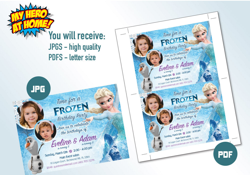 Joint Frozen Invitation. Brother and Sister Frozen. Siblings Frozen Invitation. Elsa and Olaf party invite. Frozen Photos Invitation. 280C