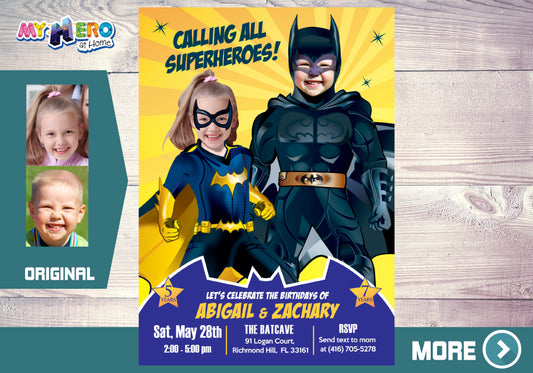 Joint Batman and Batgirl Siblings Party Invitation with photos, Joint Batman Party template.  297