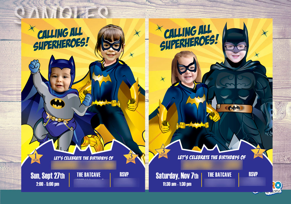 Joint Batman and Batgirl Siblings Party Invitation with photos, Joint Batman Party template.  297