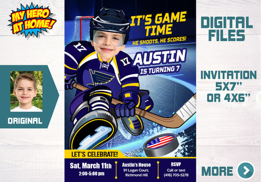 St Louis Blues Birthday party Invitation with photo, St Louis Blues Mites party photo template. 307C