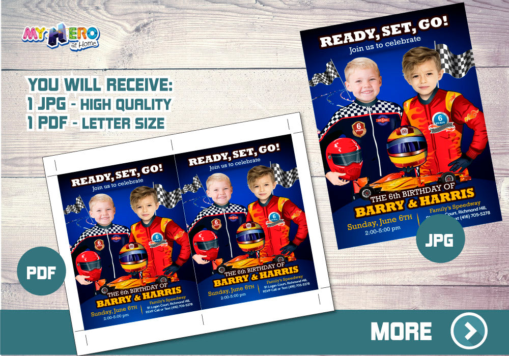 Joint Race Car Invitation, Joint Race Car Digital, Siblings Race Car Party, 2 kids Race Car Birthday. 316B