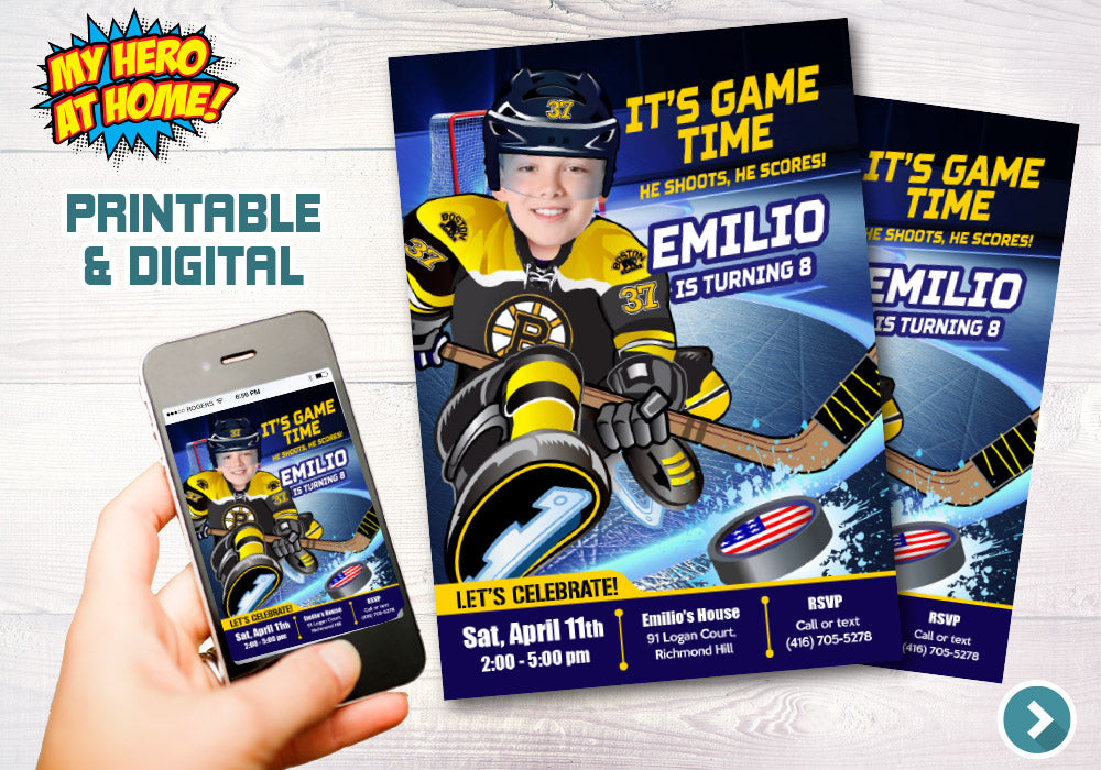 Boston Bruins Invitation, Boston Bruins photo invitation, Boston Bruins Digital Invitation. 324C