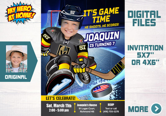 Golden Knights Birthday party Invitation with photo, Golden Knights Mites party Invitation. 326C