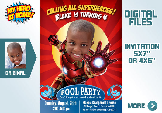Iron Man Pool Party Invitation, Iron man Splash Party, Iron man Water slide. 351