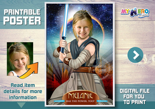 Personalized Jedi Rey Poster with photo, Jedi Rey Gifts with your photo, Jedi Rey Fans ideas. 361