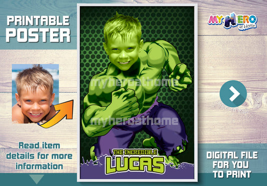 Printable Hulk photo gift, Hulk poster with photo, Room decor themed Hulk. 366