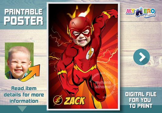 Unique Flash Poster with your kid as the fastest superhero, Flash gifts with photo. 371