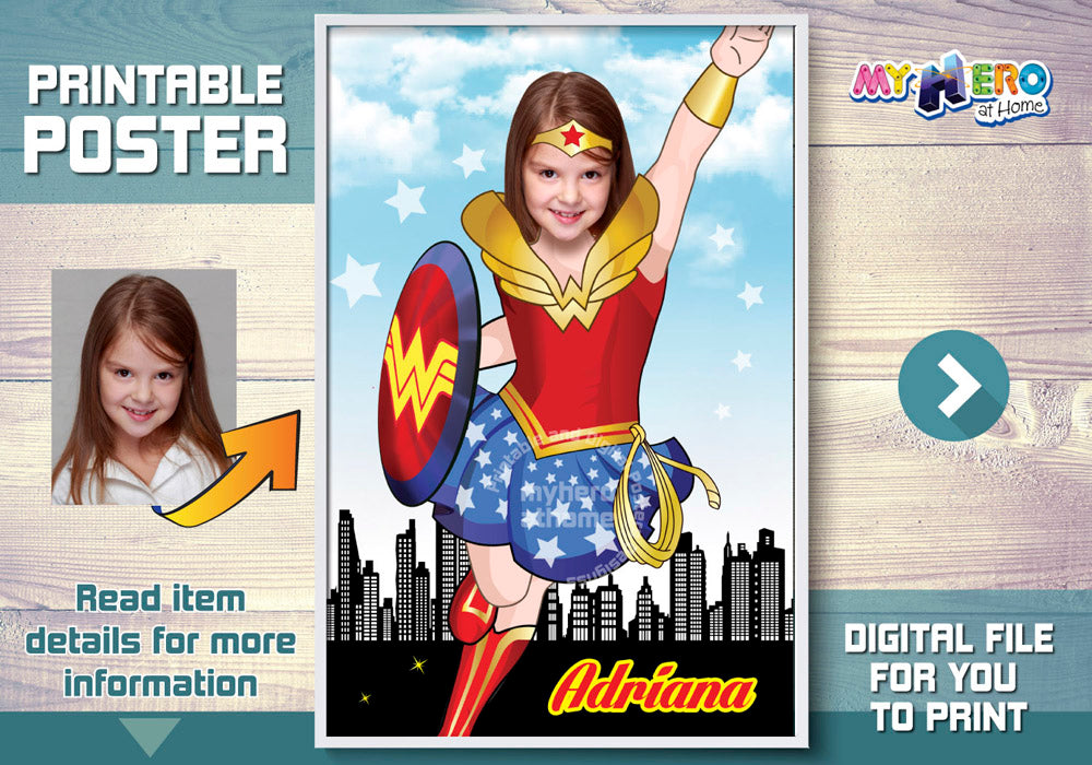 Wonder Girl Poster with photo of your girl as the star, Wonder Woman printable Gift. 374