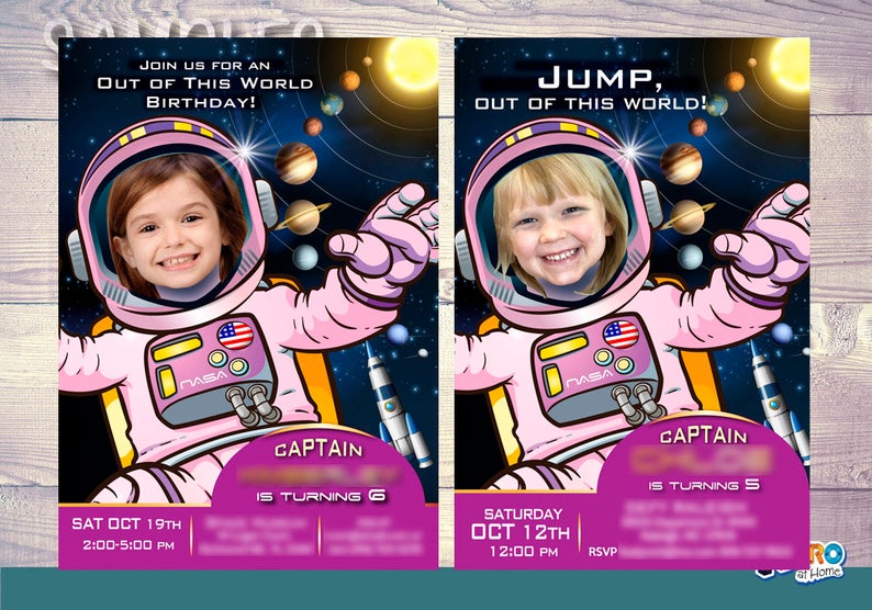 Girl Astronaut photo Invitation, Girl Astronaut Invitation, Out of this world birthday, Outer Space Invitation, Astronaut Thank you. 376C