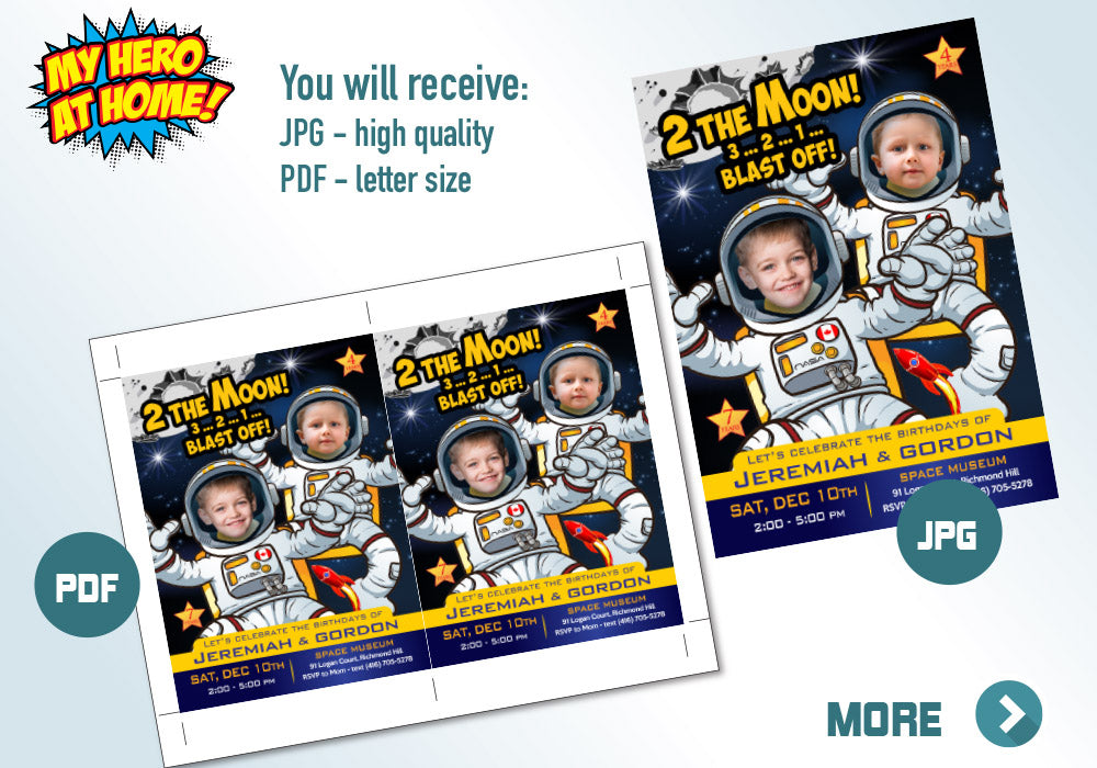 Joint Astronauts Invitation, Outer Space Party, Astronauts Siblings Birthday, Joint Astronauts photos Invitation, Astronaut theme party. 389
