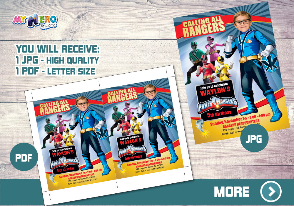 Blue Power Rangers Birthday Invitation, Blue Power Ranger Party photo invitation. 395