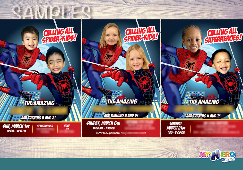 Joint Spiderman birthday invitation with children as Miles Morales and Peter Parker, Joint SpiderVerse invite. 402C