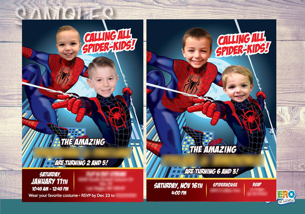 Joint Spiderman birthday invitation with children as Miles Morales and Peter Parker, Joint SpiderVerse invite. 402C
