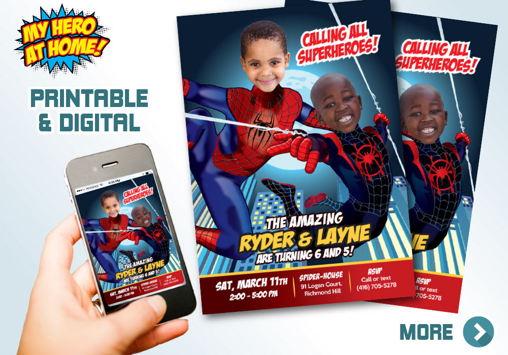 Joint Spiderman birthday invitation with children as Miles Morales and Peter Parker, Joint SpiderVerse invite. 402C