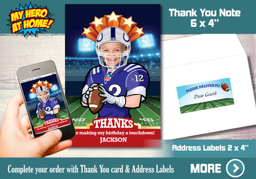 Indianapolis Colts theme Party, Indianapolis Colts Invitation, Indianapolis Colts Birthday, Colts thank you, Colts party favors. 403C