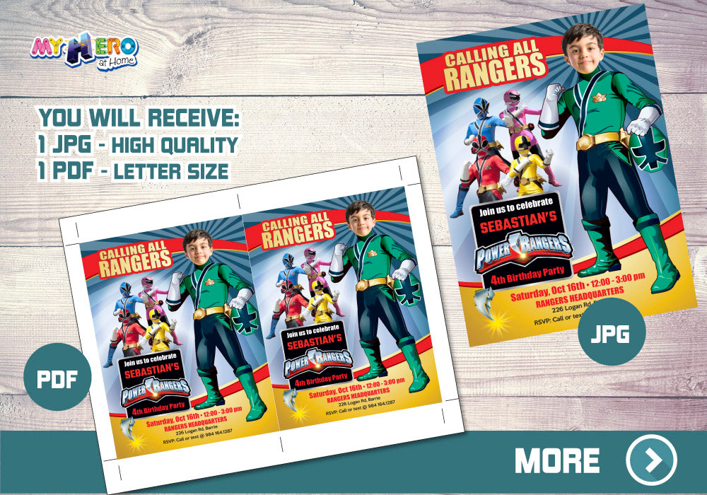 Green Power Rangers birthday party Invitation with your kid as his favorite Power Ranger. 415