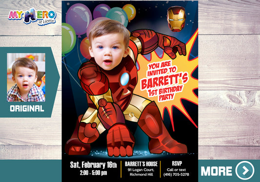 Iron Man 1st Birthday Invitation with your baby as Ironman, Baby Iron Man 1st photo invite. 416