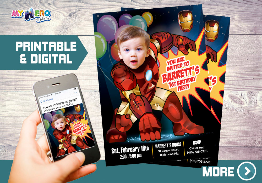 Iron Man 1st Birthday Invitation with your baby as Ironman, Baby Iron Man 1st photo invite. 416
