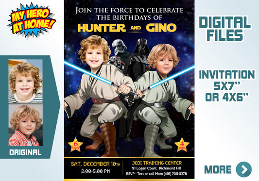 Two Jedi Birthday Invitation with children as the stars, Joint 2 boys Jedi Party template. 423V