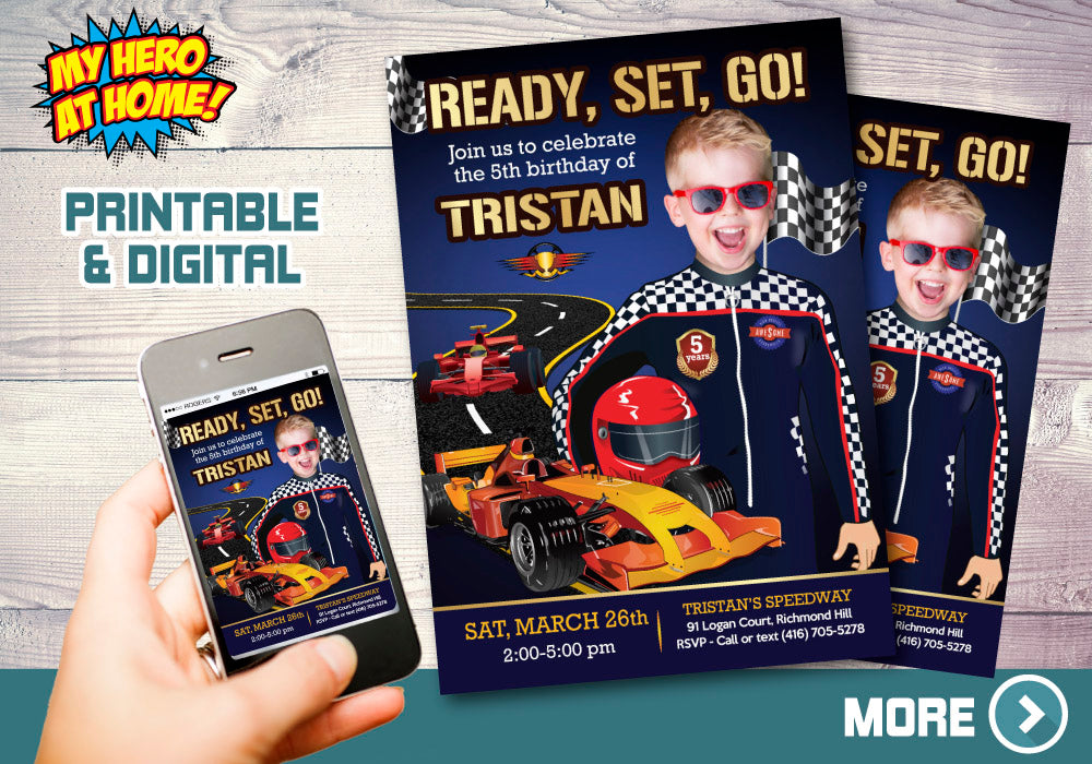 Race Car Party Invitation with photo, Race Car Birthday, Ready Set Go Party Invitation, Race Car thank you. 440C