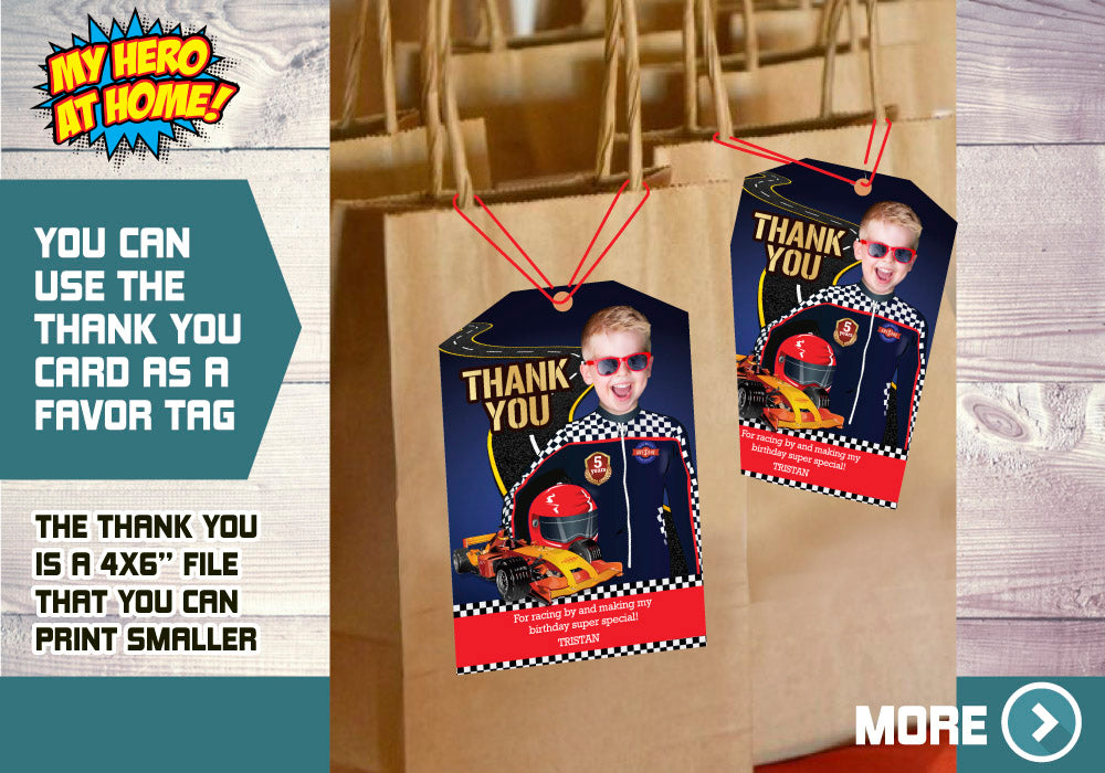 Race Car Party Invitation with photo, Race Car Birthday, Ready Set Go Party Invitation, Race Car thank you. 440C
