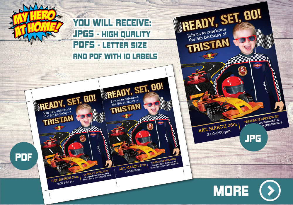 Race Car Party Invitation with photo, Race Car Birthday, Ready Set Go Party Invitation, Race Car thank you. 440C
