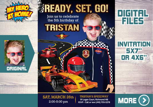 Race Car party Invitation with your kid as the driver,  Hot Wheels Ready Set Go party template. 440