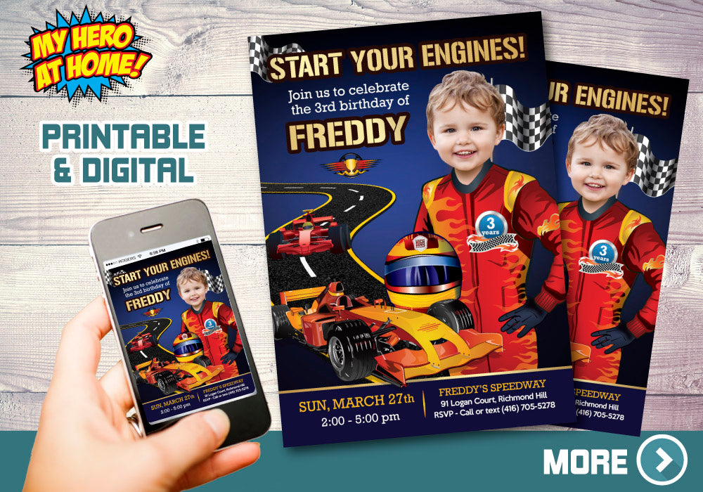 Race Car Invitation, Race Car Photo Invitation, Hot Wheels Party, Race Car Theme party, Race Car thank you. 441C