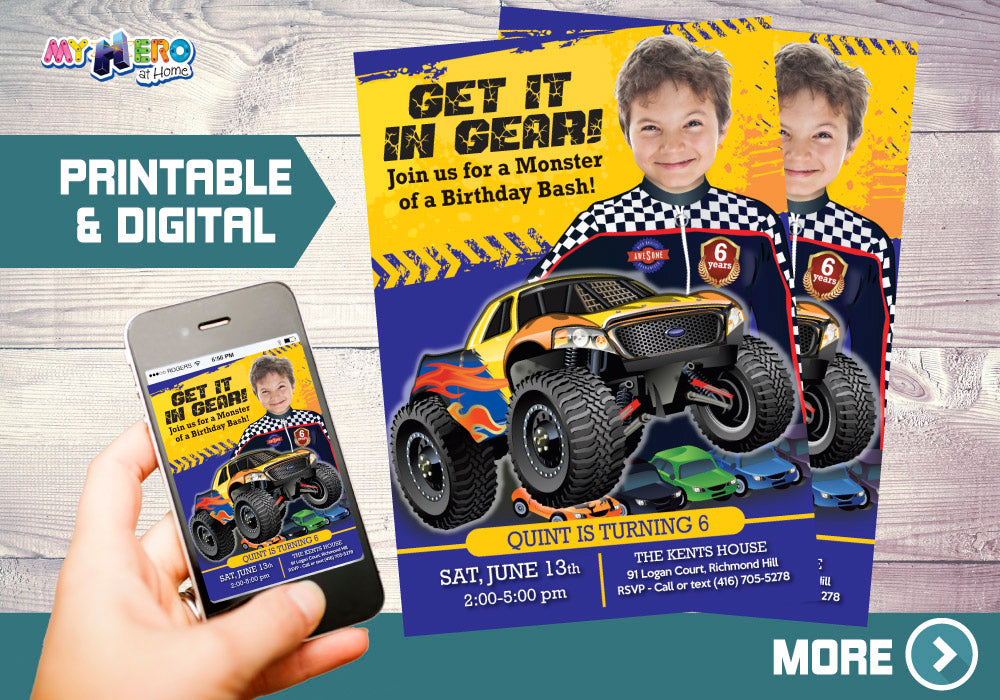 Monster Truck Photo Invitation, Monster Truck theme party, Monster Truck Birthday, Monster Truck Party Invitation. 442